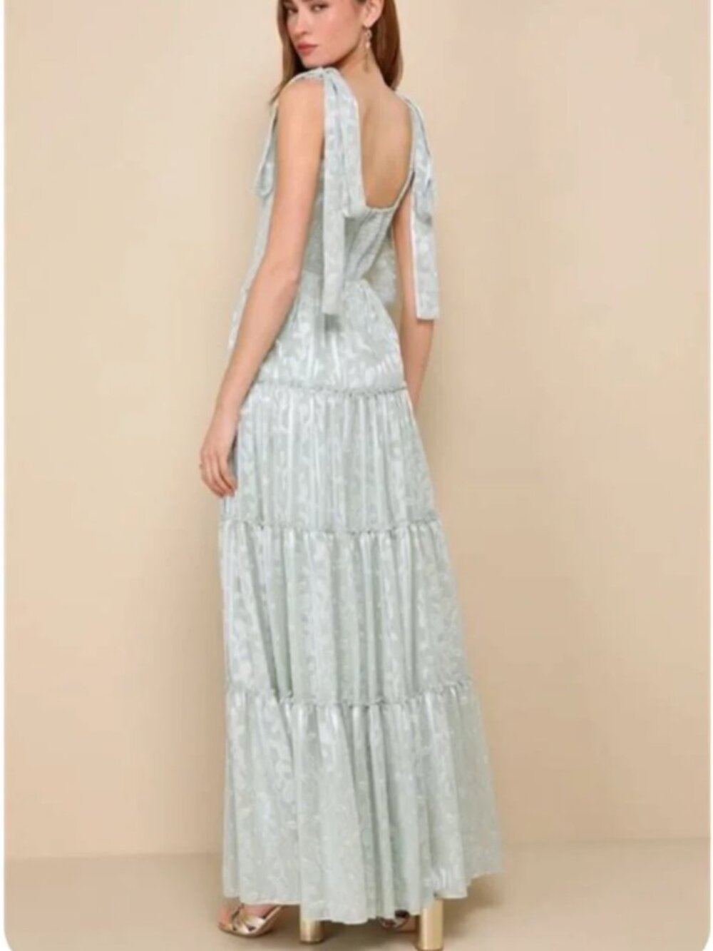 NWT Lulus Picturesque Allure Sage Green Jacquard Tiered Maxi Dress Small